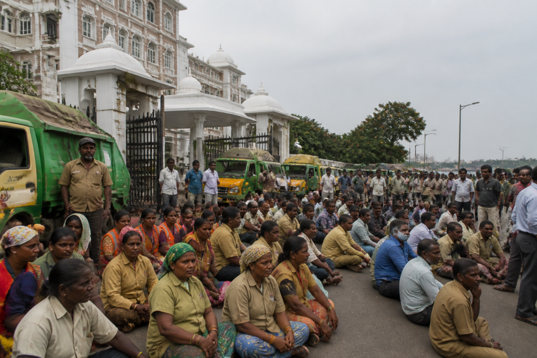 GHMC garbage privatisation protest by sanitation workers outside Hyderabad civic headquarters