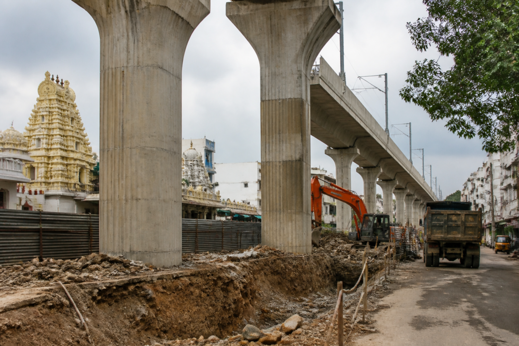 Hyderabad Metro pillars near an excavation site in Secunderabad