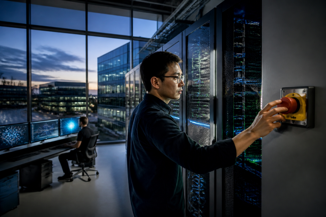 AI kill switch oversight concept with a California technology laboratory and advanced computer systems.
