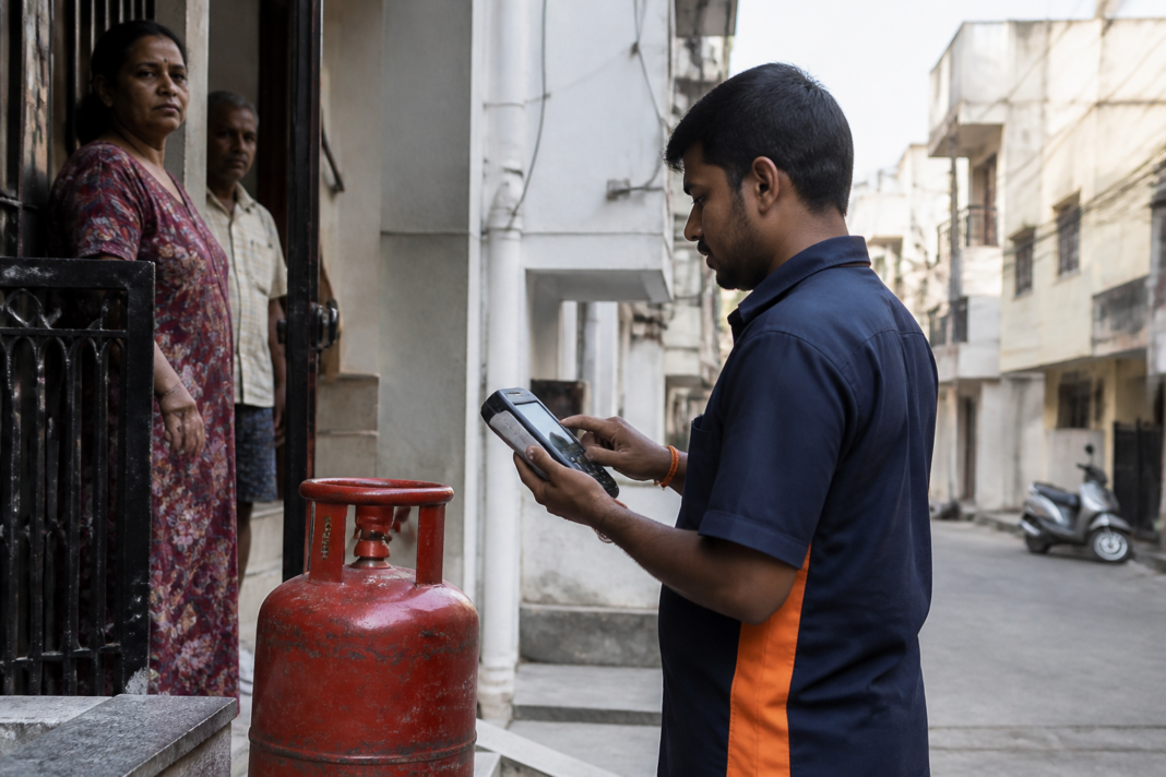 LPG subsidy refill cylinder at a Hyderabad household delivery point
