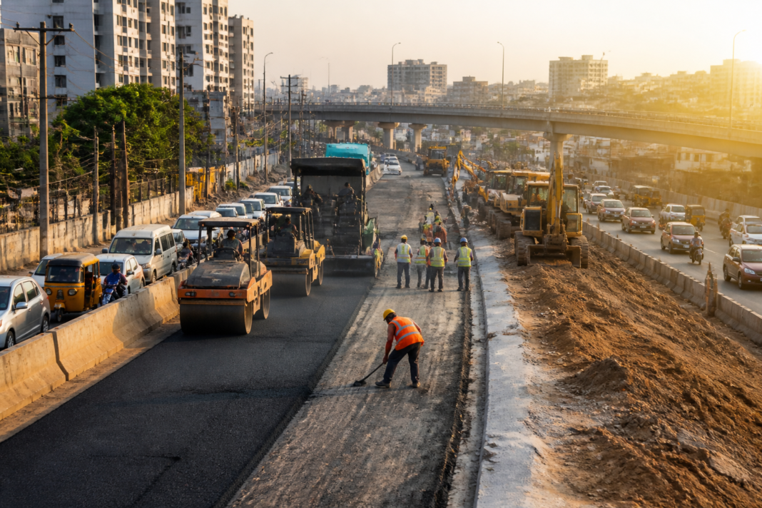 HRDCL tenders and road construction activity on a Hyderabad urban corridor