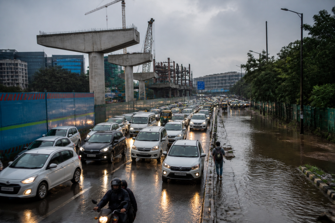 Aerocity construction and traffic near waterlogged roads in Mahipalpur, Delhi