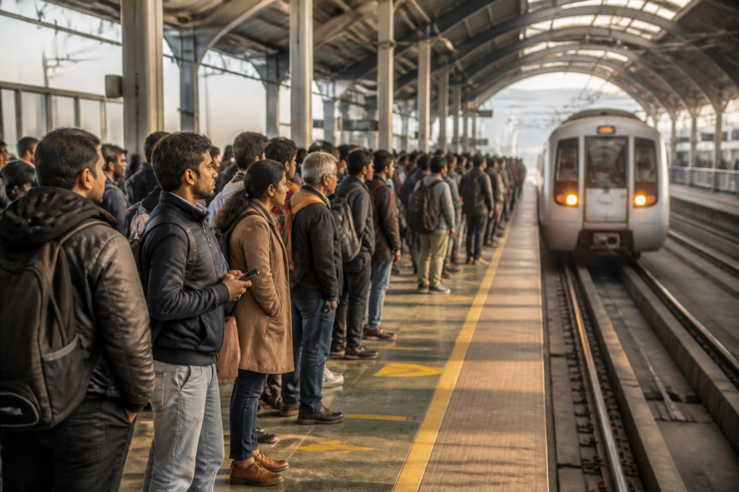 Delhi Metro passengers crowd a station platform during record passenger footfall amid a DTC drivers’ strike.