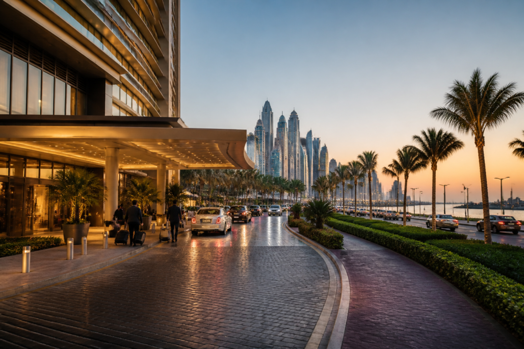 Dubai hotel recovery shown by a Palm Jumeirah hotel district with illuminated towers and guests arriving.