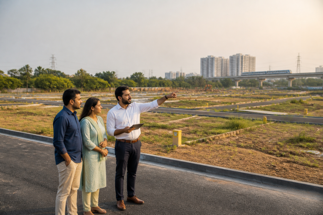 Chennai homebuyers viewing a plotted development along a suburban growth corridor.