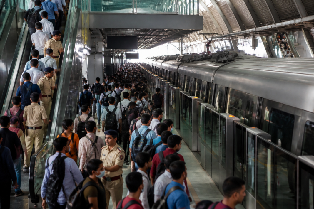Delhi Metro passengers during a record ridership surge linked to the DTC drivers’ strike.