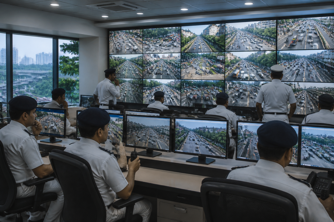 Bengal traffic control room operators monitor live CCTV feeds from roads across West Bengal.