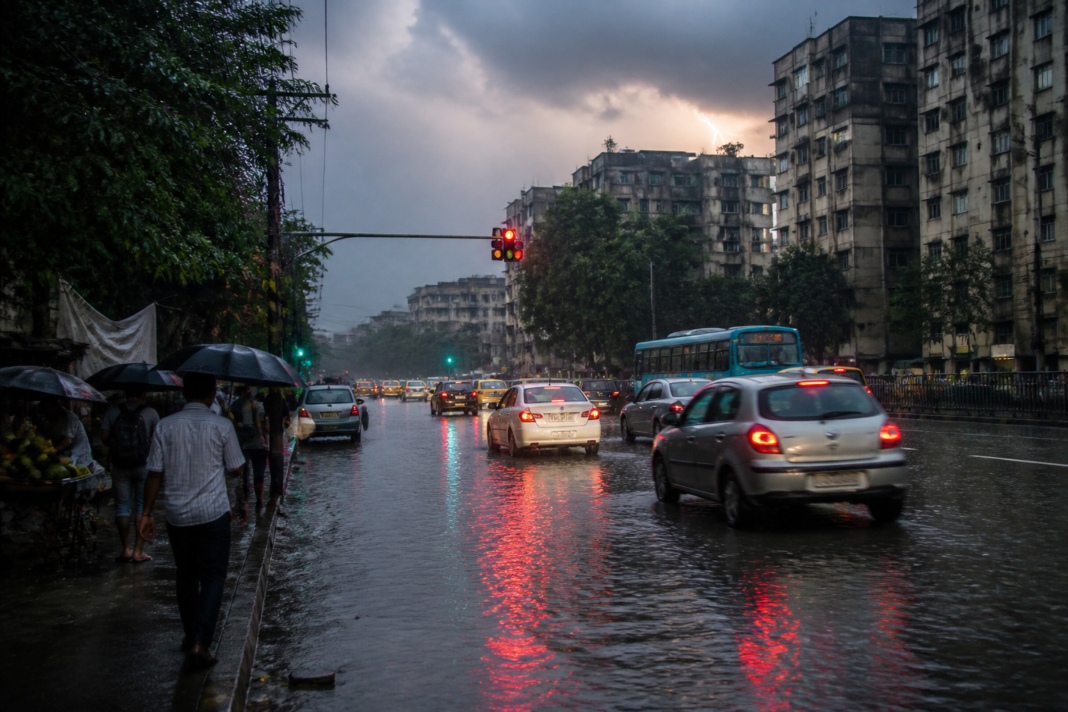 Kolkata rain falling over a waterlogged urban street during a thunderstorm