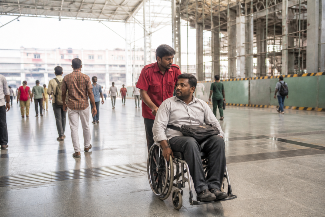 Wheelchair assistance at a Chennai railway station during Egmore and Tambaram redevelopment