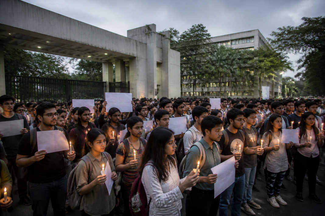 IIT Bombay campus protest after a student suicide, with students gathered near the main gate.