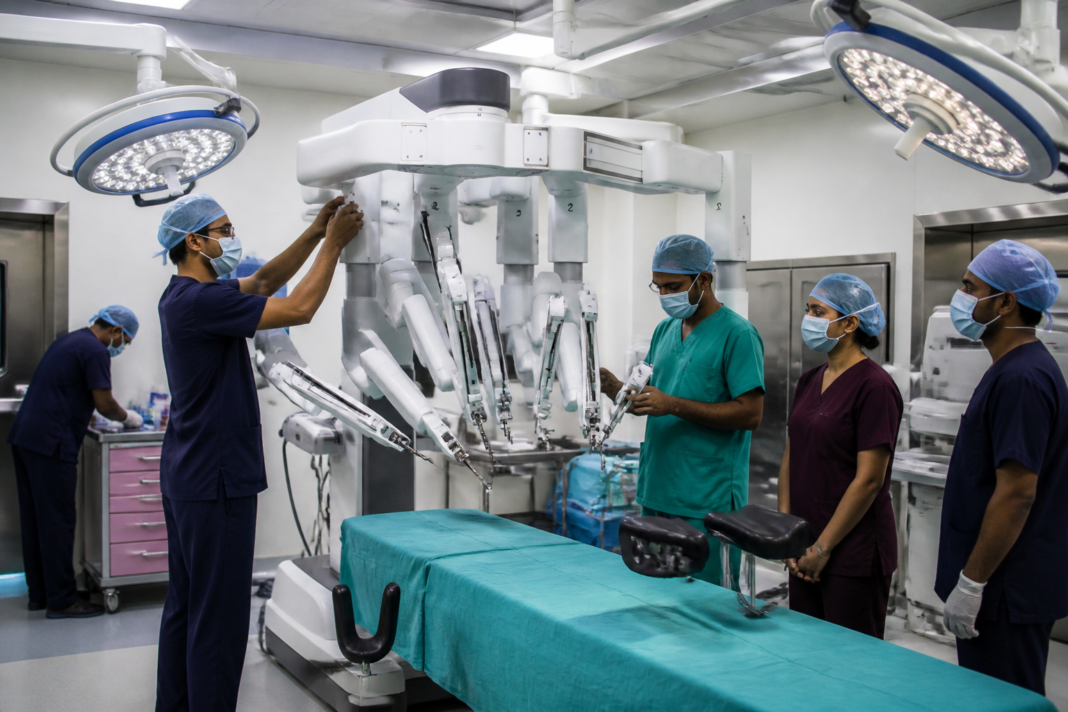 Robotic surgery equipment and medical staff at a Telangana government hospital