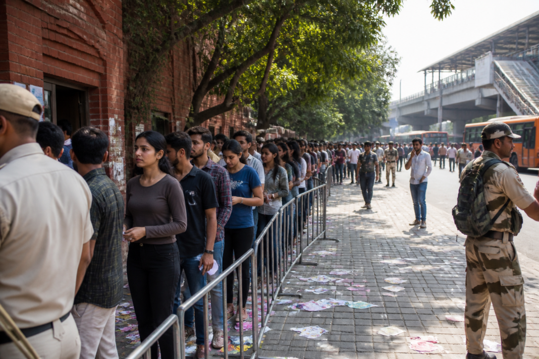 DUSU polls at a Delhi University campus with students queueing near barricades