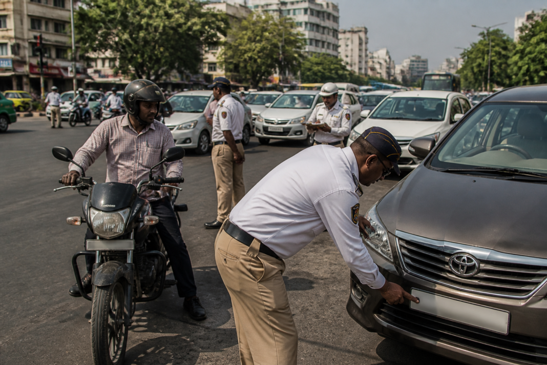 HSRP number plates Pune enforcement on vehicles at a busy urban road junction