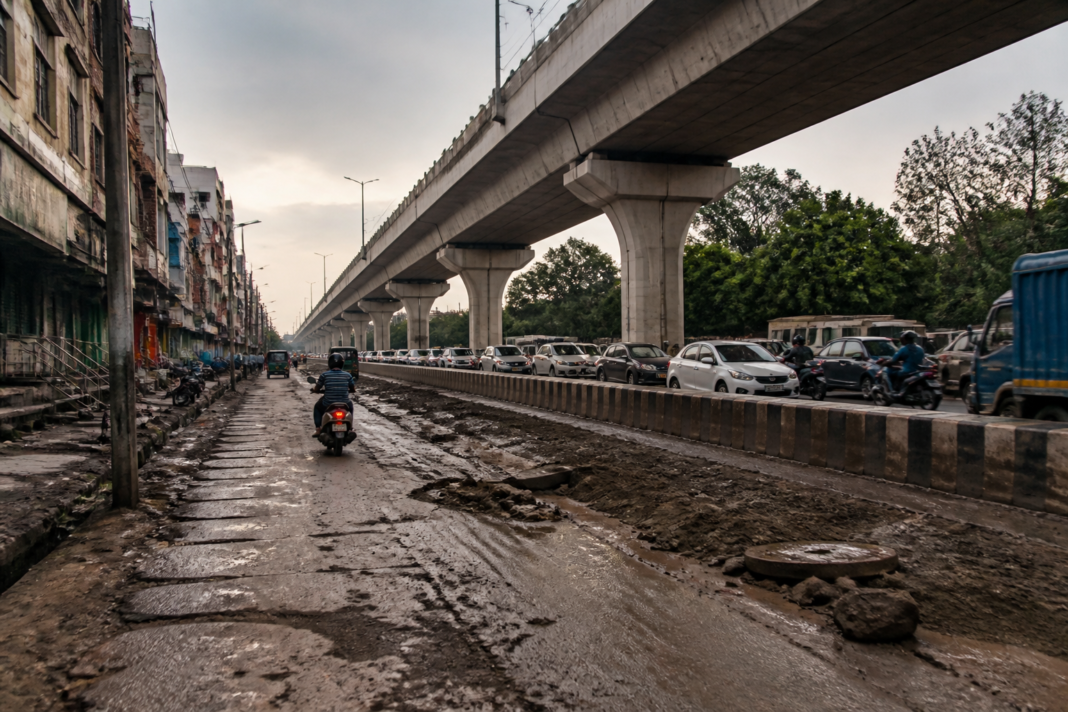 Khajuri Chowk service road beneath the Delhi-Dehradun Expressway in northeast Delhi