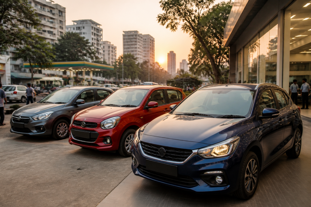 Maruti Suzuki green vehicles, including automatic CNG cars, displayed in an urban dealership setting.