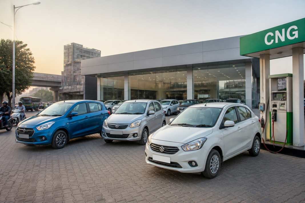 Maruti Suzuki CNG cars displayed at an Indian dealership with automatic variants.