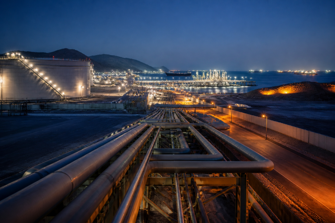 Strait of Hormuz oil infrastructure with Gulf pipelines and storage terminals