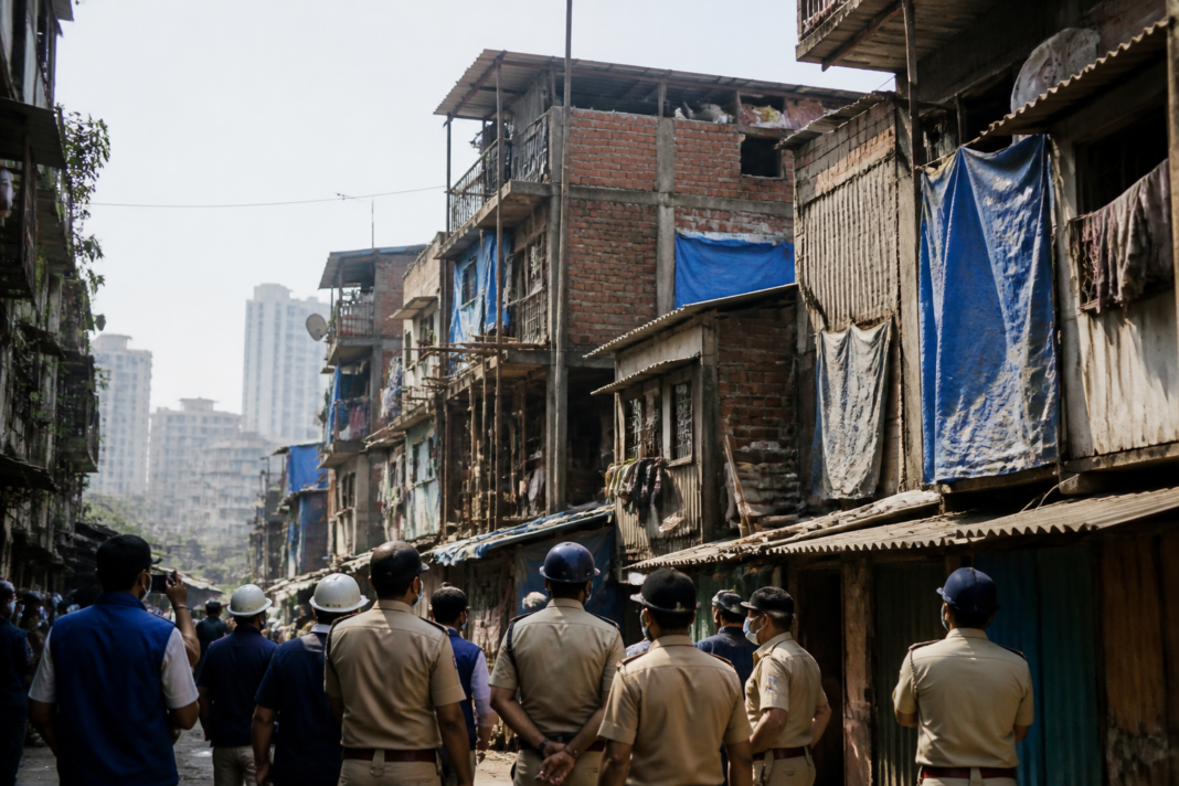 Mumbai slum demolition drive targeting tall unauthorised structures in a dense settlement