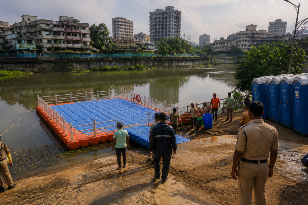 Dombivli Ganesh Ghat prepared with a floating raft and civic facilities for idol immersion