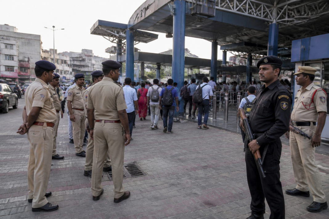 Police personnel outside Hafeezpet Railway Station after the Hyderabad railway station assault case.