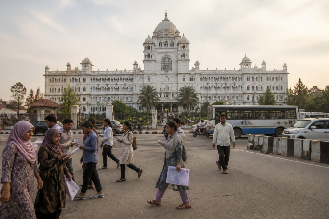 Minority welfare spending debate in Telangana Assembly politics, represented by a Hyderabad government building.