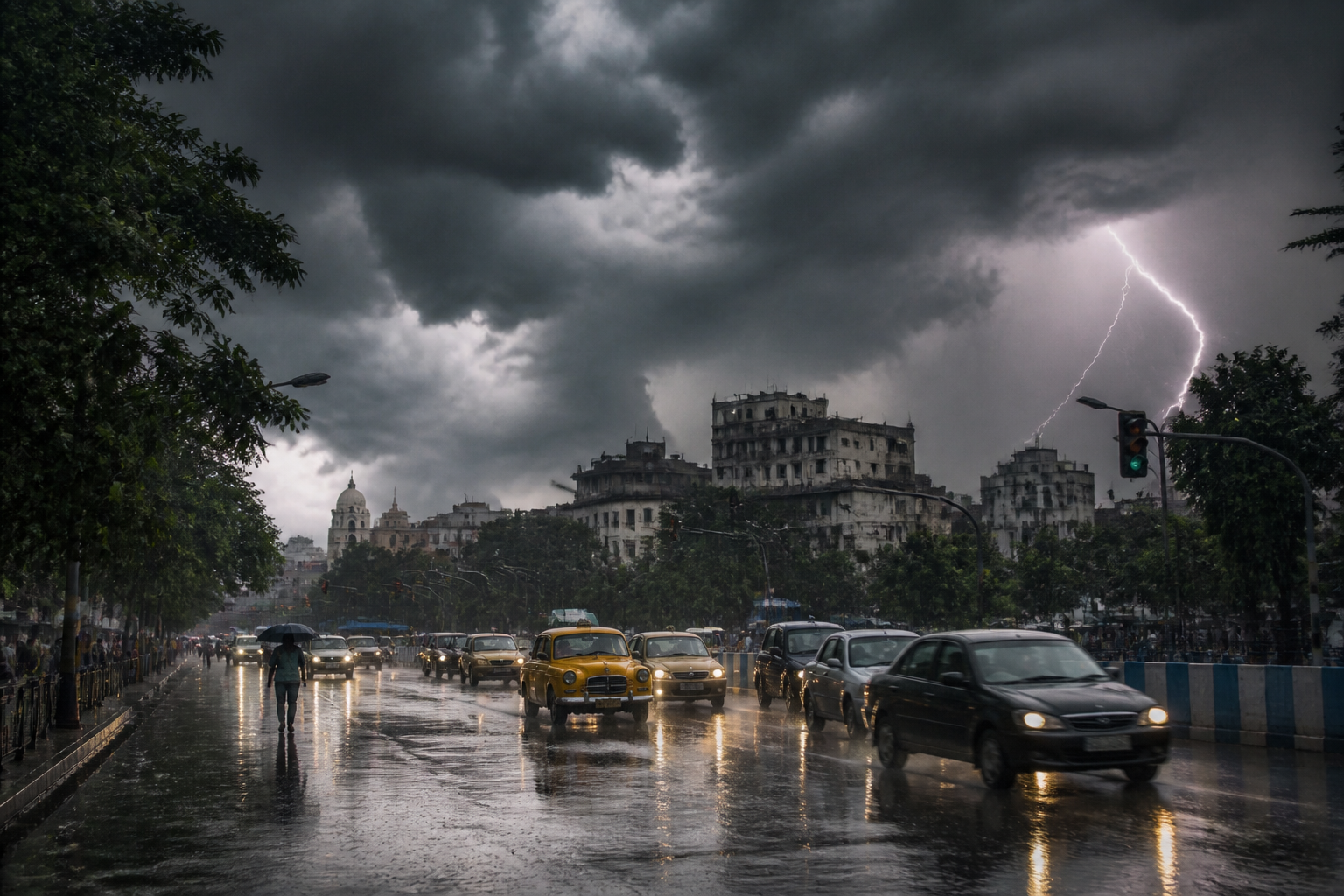 Kolkata heavy rain with dark storm clouds over the city and rain-soaked streets