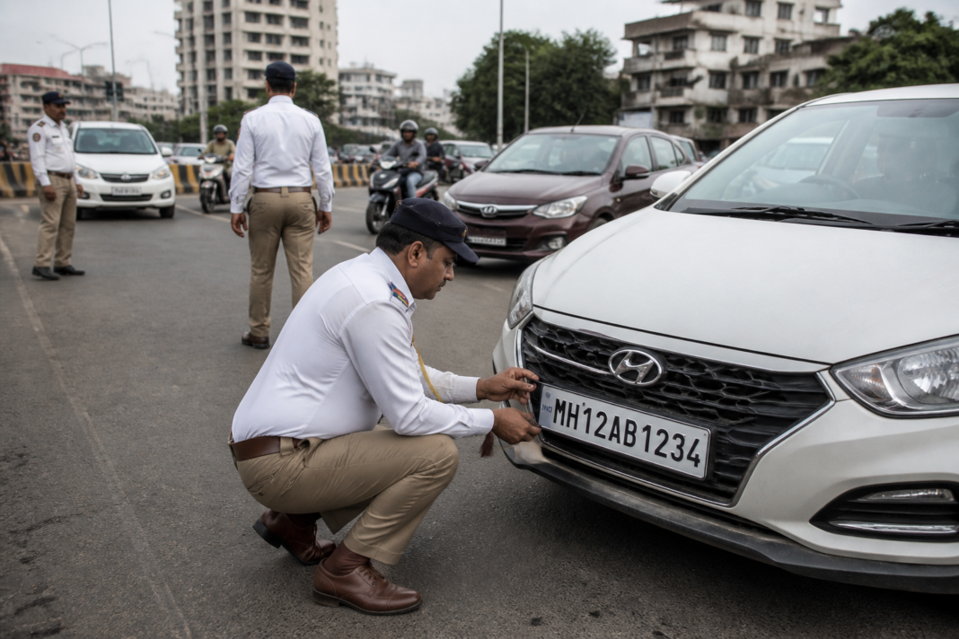 Pune HSRP enforcement officer checking a vehicle’s registration plate on a city road.