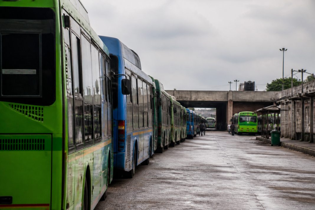 DTC buses parked at a Delhi depot during the DTC drivers’ strike