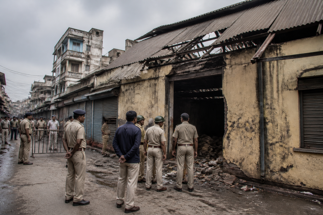 Police inspect a damaged potato warehouse after the Titagarh bombing in Khardah Purani Bazar.