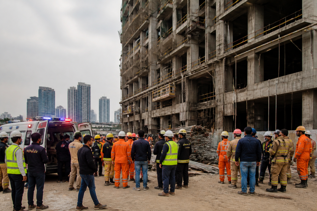 Gurugram construction accident scene at a high-rise building site with safety netting and rescue activity