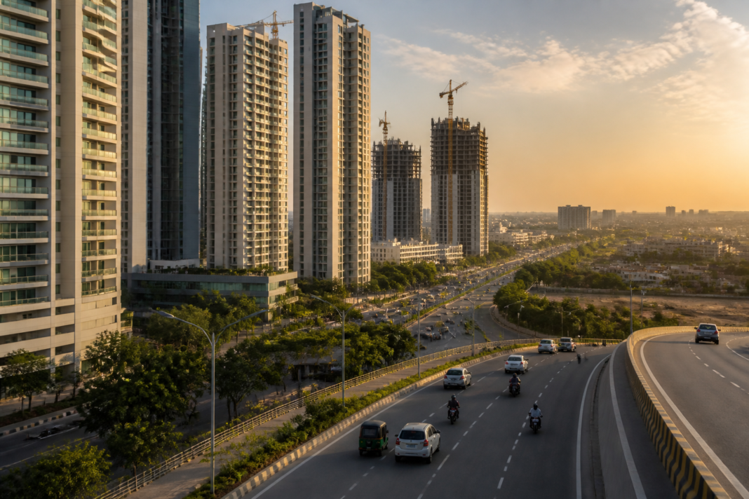 Gurugram property prices shown through a high-rise residential corridor and expanding outer suburbs