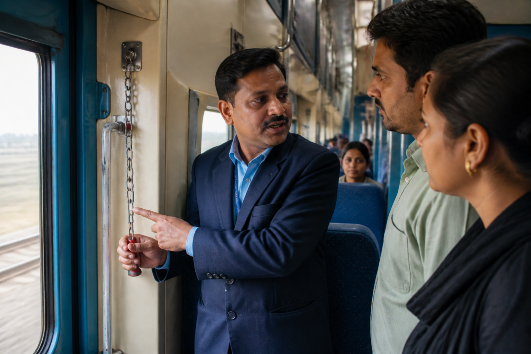 Indian Railways train coach with an emergency alarm chain and railway safety signage