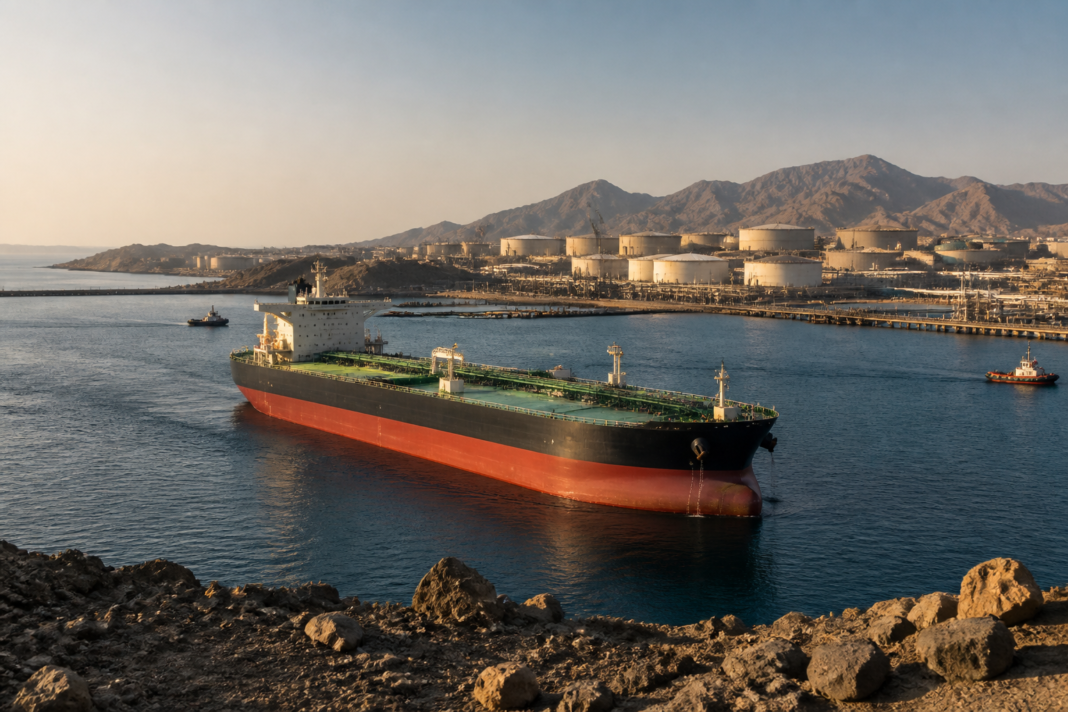 India energy security infrastructure with an oil tanker near a Gulf of Oman port