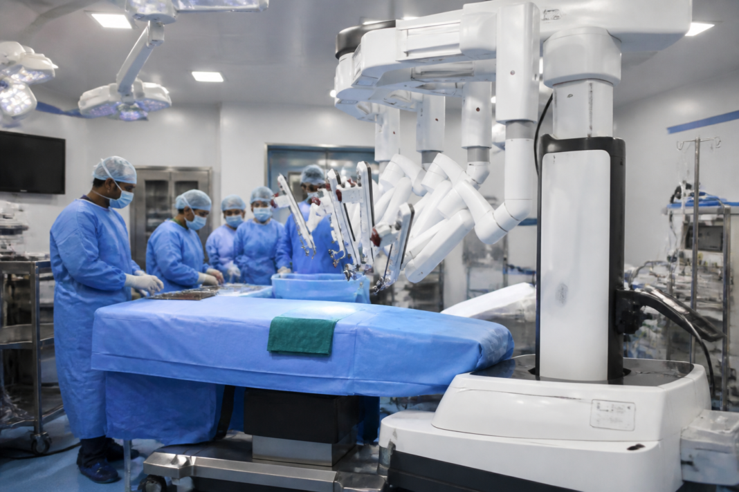Robotic surgery equipment and medical staff in a Telangana government hospital