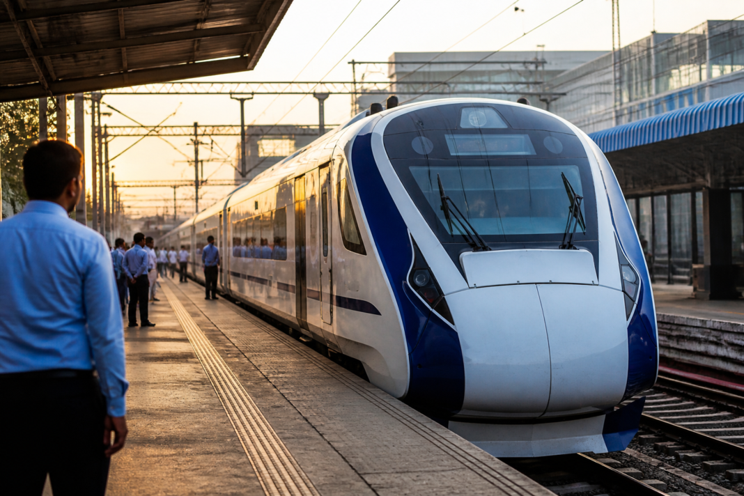 Vande Bharat Express trainset at an Indian railway station