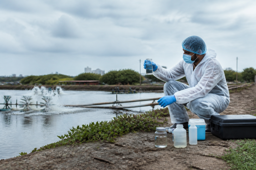 Aquaculture chemicals database research visualised with a coastal fish farm and water-testing equipment
