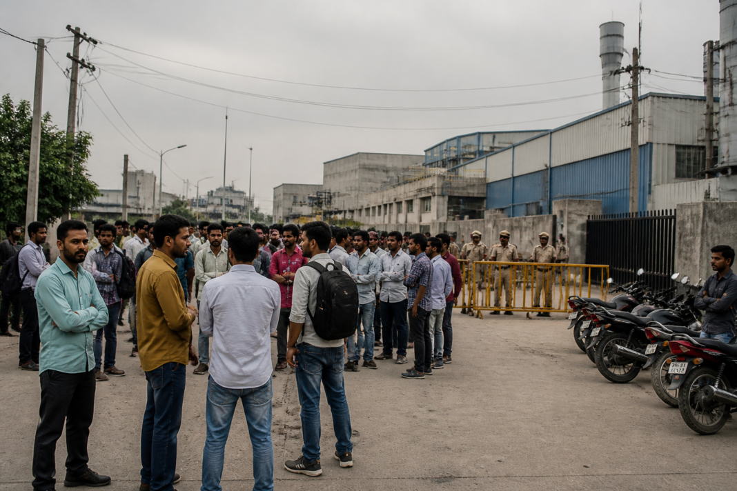 Gurugram labour protest scene near an industrial area in Manesar