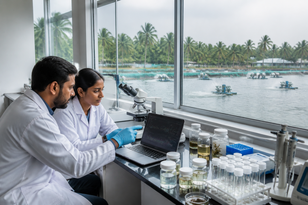 Aquaculture chemicals database research displayed beside a coastal fish-farming site in Chennai