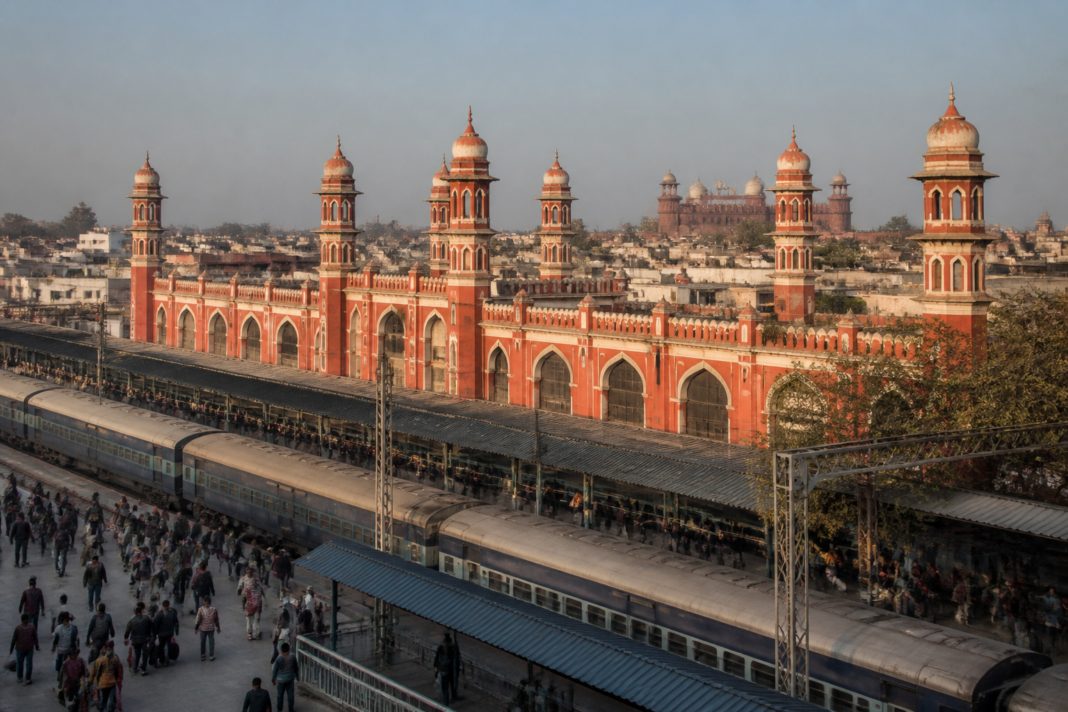 Old Delhi Railway Station’s historic Mughal-inspired facade and railway platforms