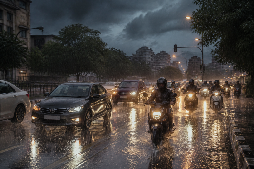 Chennai rain falling over a busy urban road under dark monsoon clouds