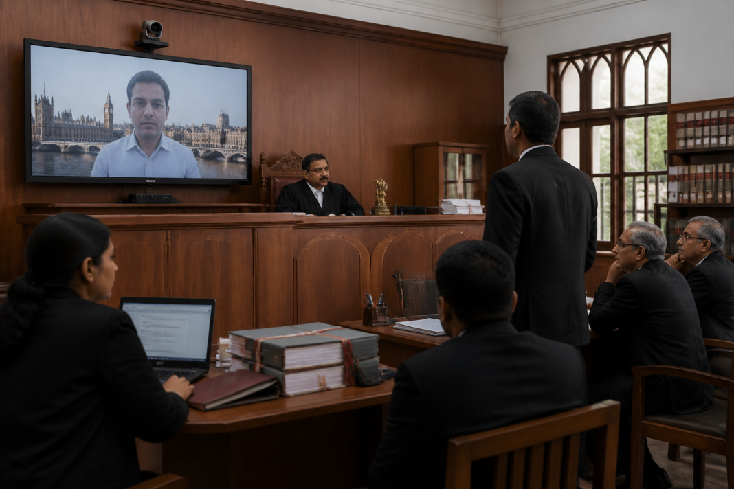 Madras High Court video conferencing hearing with a remote witness on a courtroom screen