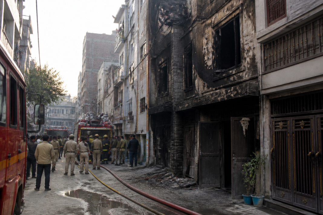 Fire-damaged home in Tilak Nagar after a Delhi cylinder blast
