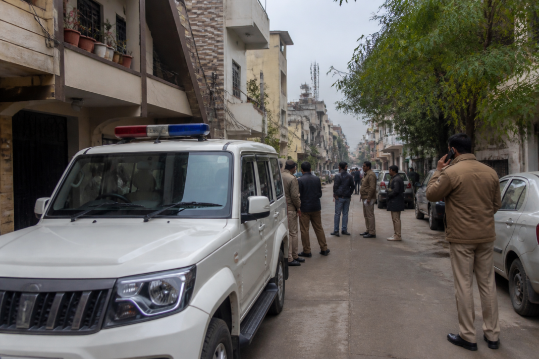 Police vehicle on a Swaroop Nagar street during the rape-murder investigation in Delhi