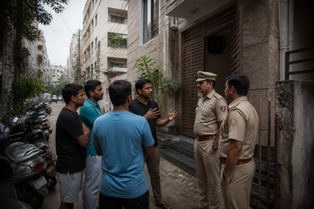 Bengaluru PG residents outside a shared accommodation building after raising maintenance complaints