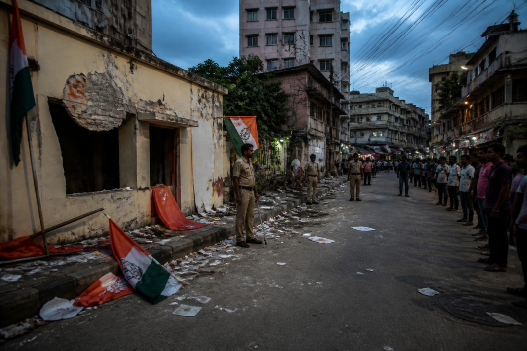 Jadavpur vandalism aftermath near a damaged political party office in Kolkata