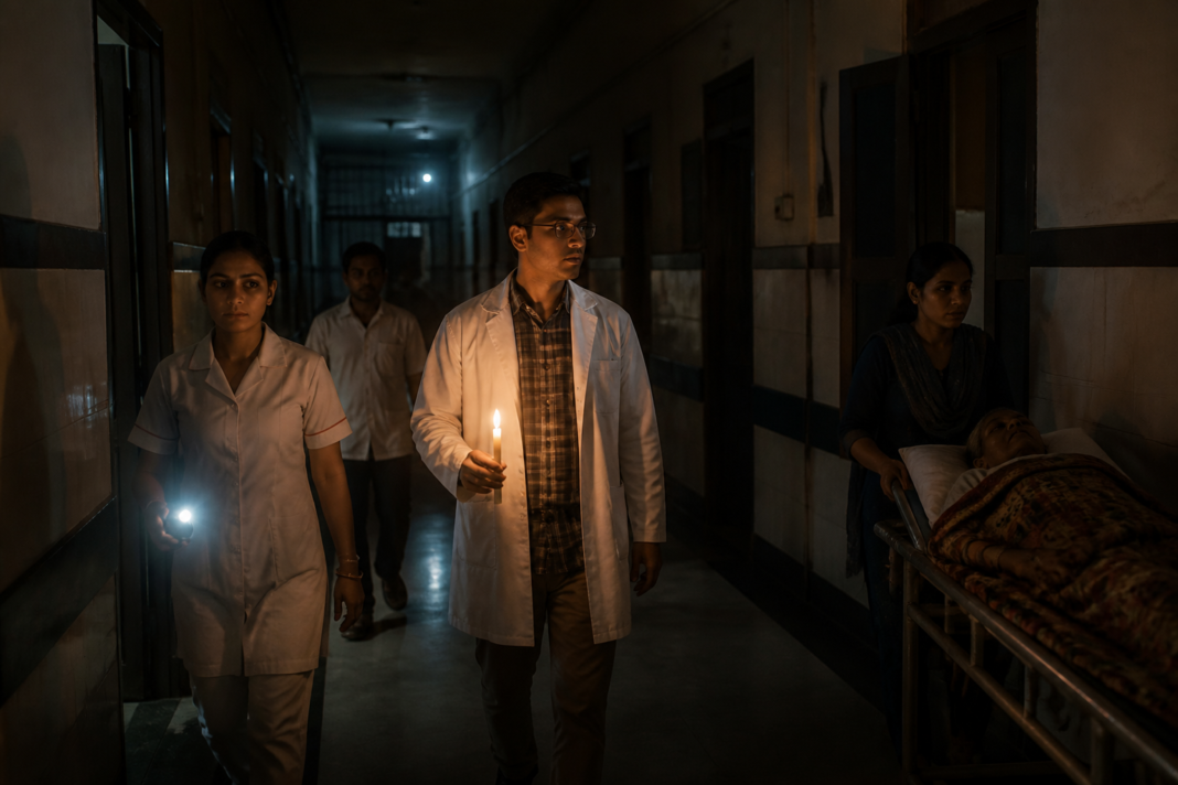 Darkened Howrah hospital corridor during a power outage, lit by a mobile phone flashlight