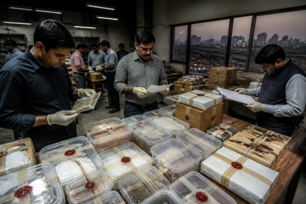 Delhi drug network investigation involving police searches and seized narcotics