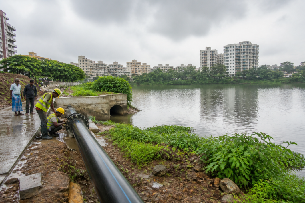 Bengaluru lake restoration project near a lake receiving treated wastewater through new pipes