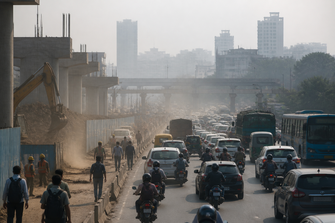 Bengaluru air pollution over a traffic-heavy road with construction dust and hazy city buildings