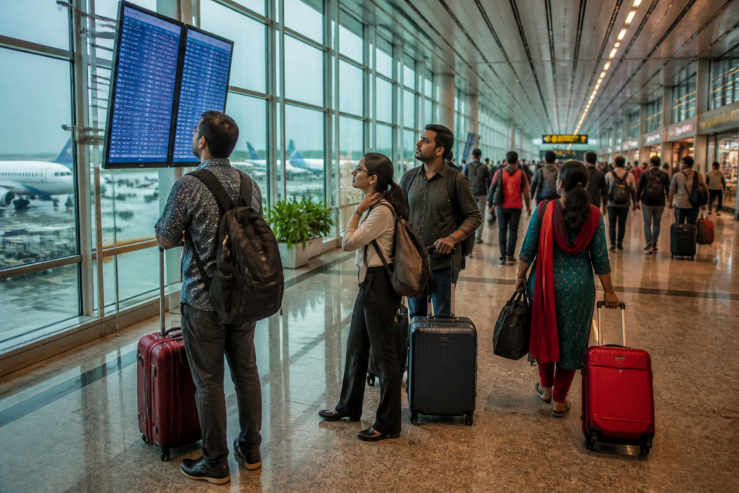 Kolkata air connectivity and passengers planning international travel at an airport terminal